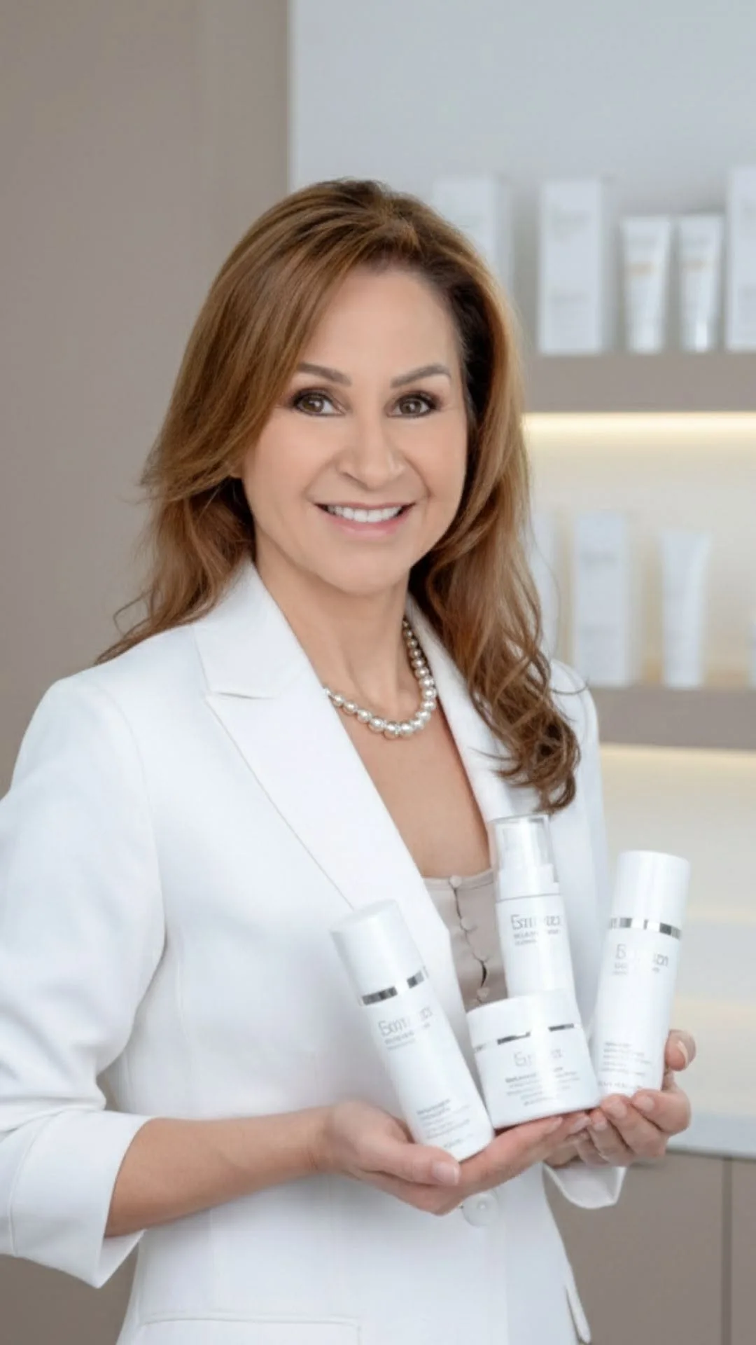 Jo McKenzie, founder of Envisage Beauty and sole staff practitioner, holding the professional skincare range in the treatment room