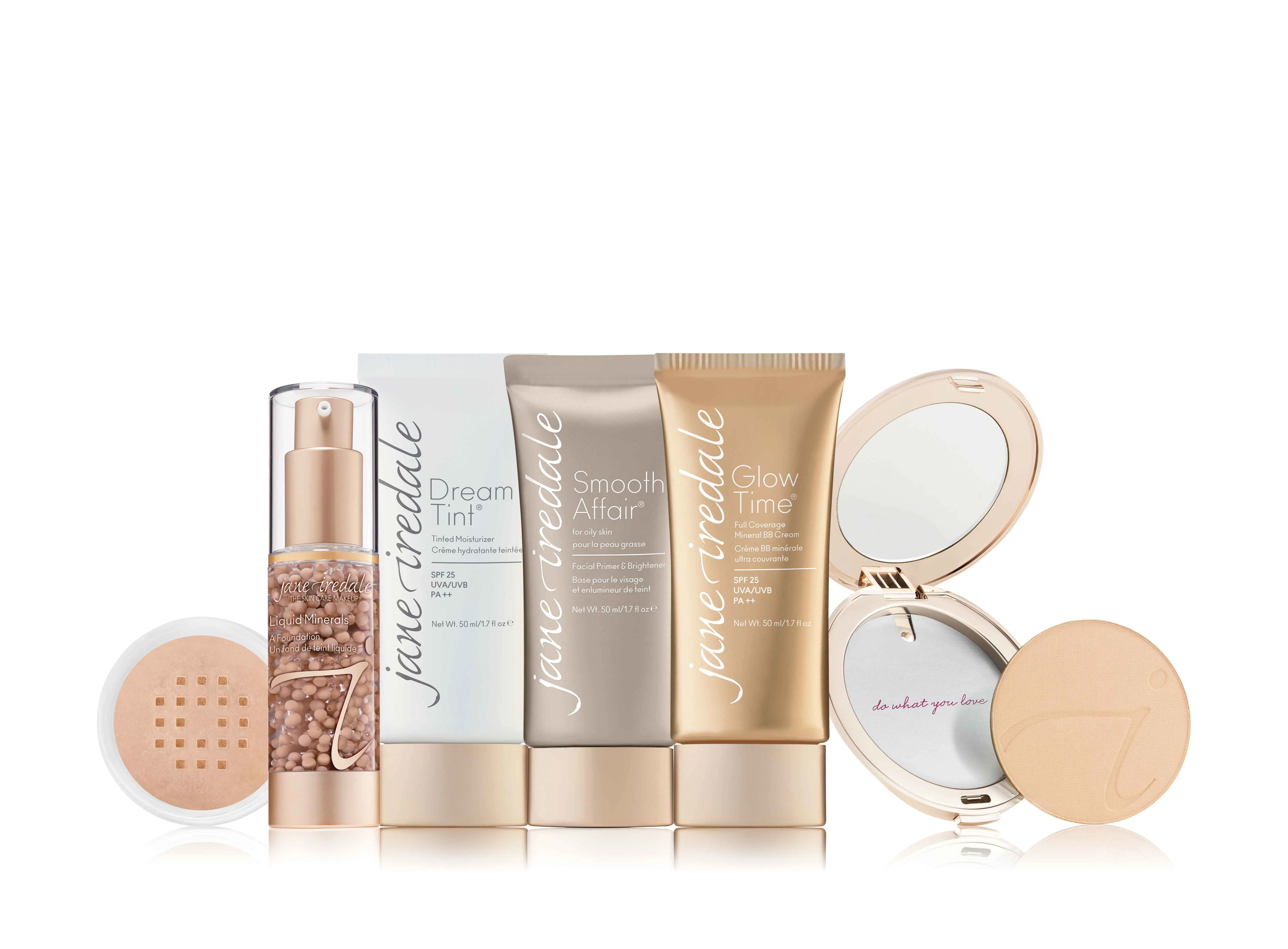 Jane Iredale mineral makeup range including Liquid Minerals, Dream Tint and compact — on white